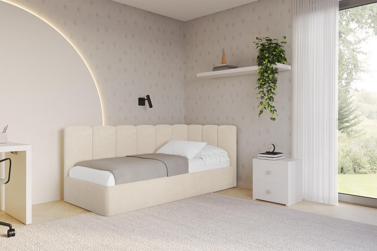 EINZELLBETT Jugendbett mit Bettkasten, Links - DEXY 90x200 Beige - Creme, Holzwerkstoff/Textil (90/200cm) - ALTDECOR