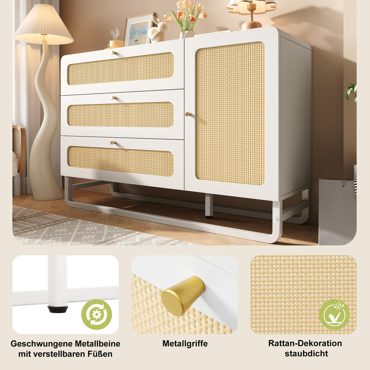 KOMMODEN-SIDEBOARD 120/40/85 cm mit 3 Schubladen & Rattan-Fronten in Weiß - Weiß, Metall (120/85/40cm) - BEAOK