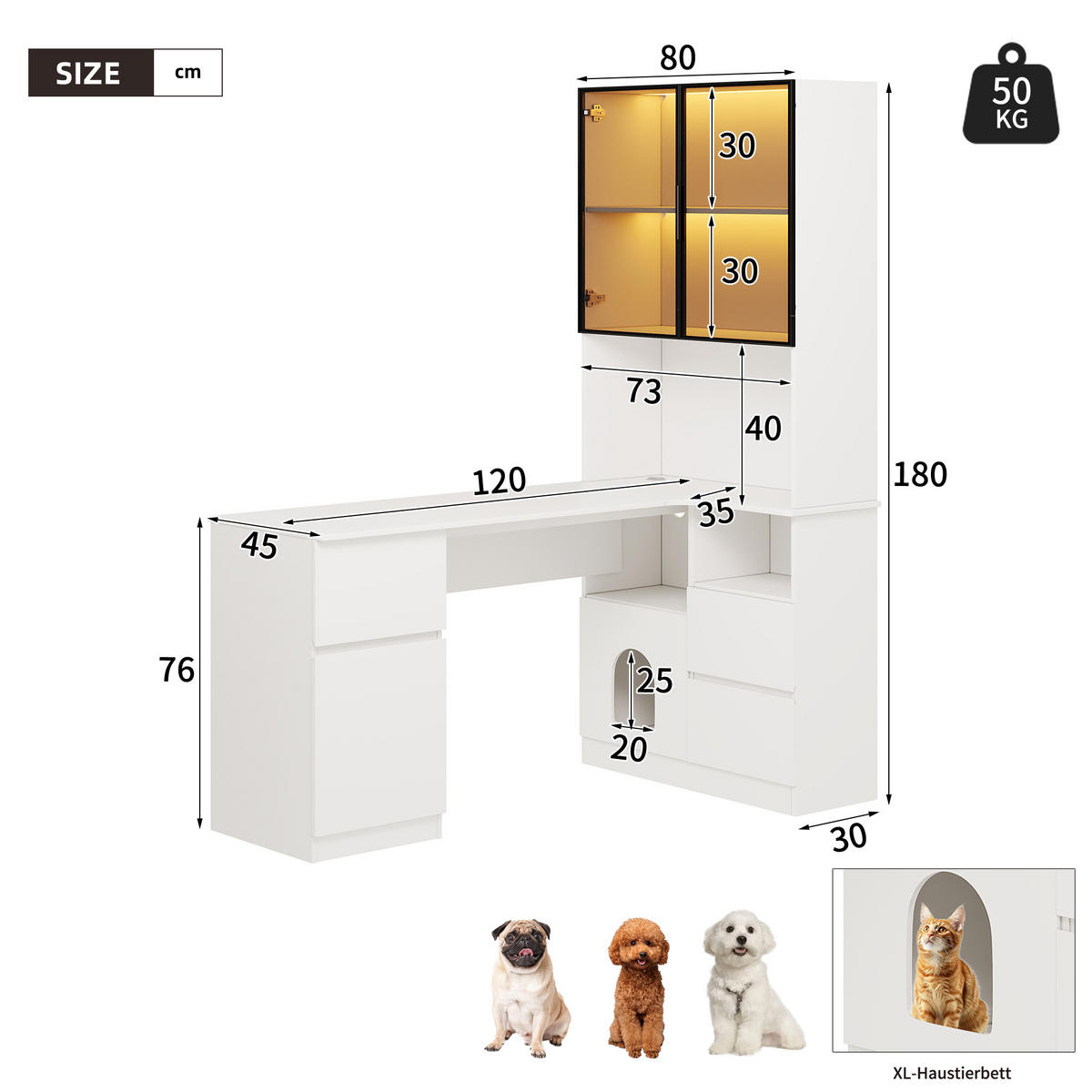 ECKSCHREIBTISCH 120cm LED Regal 3 Schubladen 2 Türen modern - Weiß, Holzwerkstoff (120/80/180cm) - FLIEKS