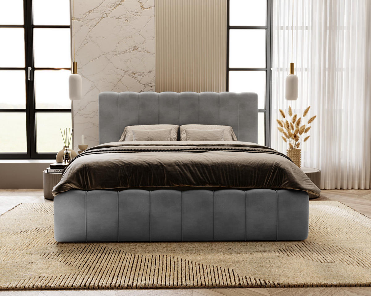 DOPPELBETT mit Bettkasten 200x200 Porto, Lattenrost, Grau - Grau, Holz/Textil (200/200cm) - Emporius