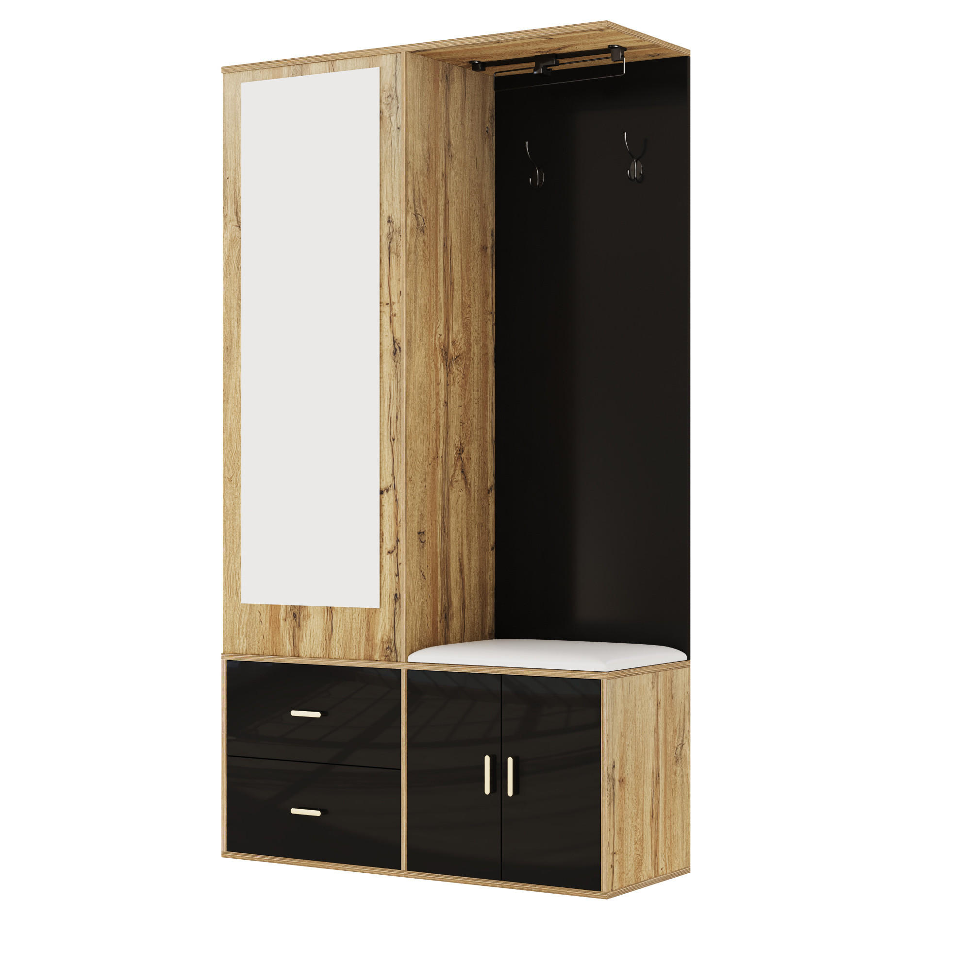 Modfu PŘEDSÍŇOVÁ stěna z MDF a dřevotřísky 100x38x180 cm černá/přírodní se zrcadlem, lavicí a výsuvnou tyčí
