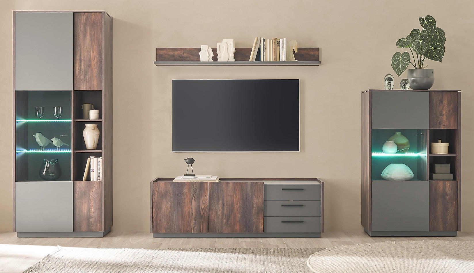 WOHNWAND Thermo Eiche, grau, Wohnkombination 4-teilig mit Soft-Close 352 x 200 cm - Eichefarben/Grau, Holzwerkstoff/Metall (352/200/45cm) - Furn.Design