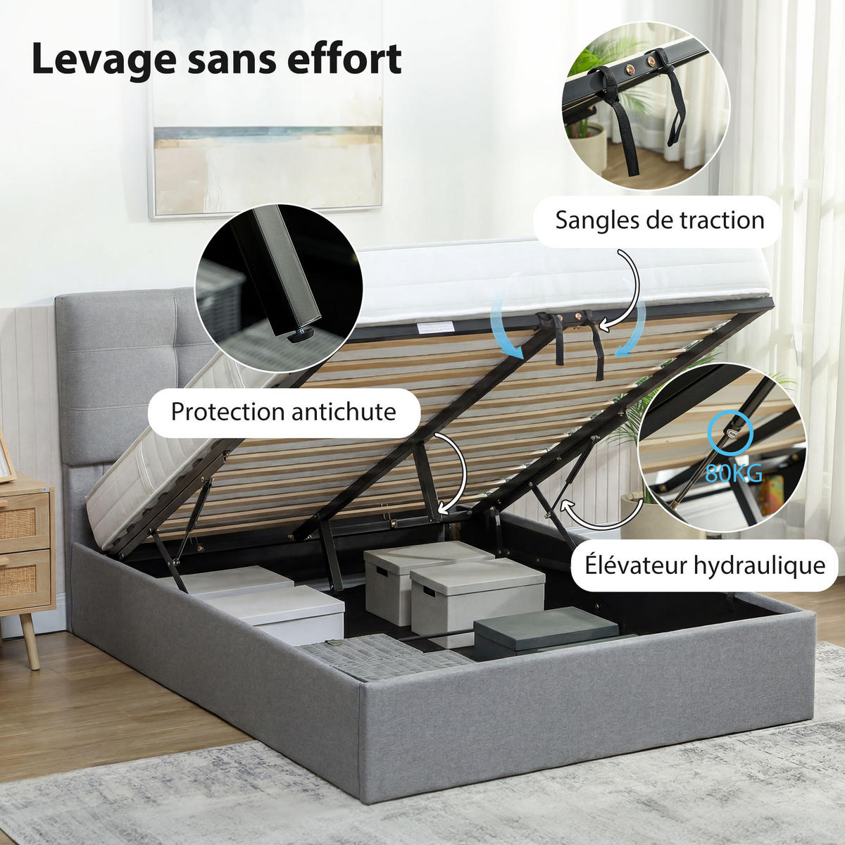 BETT 140x190 cm DE-14637 mit Lift-Stauraum und gepolstertem Kopfteil Grau - Grau, Textil (140/190cm) - ComfortXL