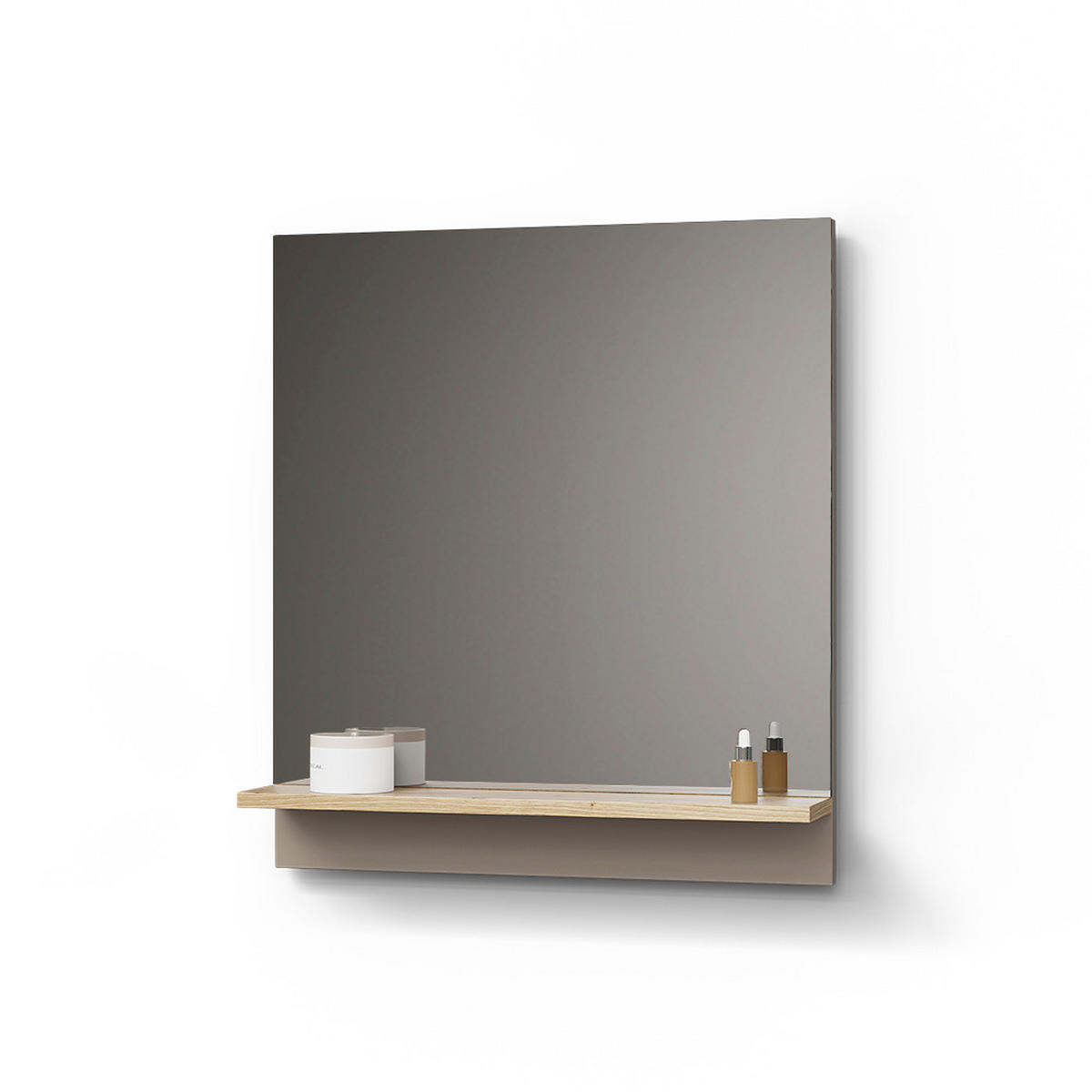 BADSPIEGEL Timavo Greige 60 x 67 cm mit Regal - Greige/Eiche Artisan, Holzwerkstoff (60/67/14cm) - Livinity®