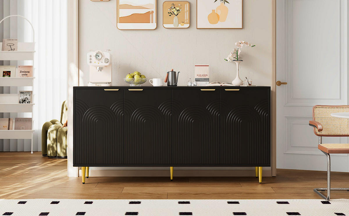 SIDEBOARD 160x40x80 cm mit 4 Türen und Hochglanzbeinen, Schwarz - Schwarz, Holz (160/80/40cm)
