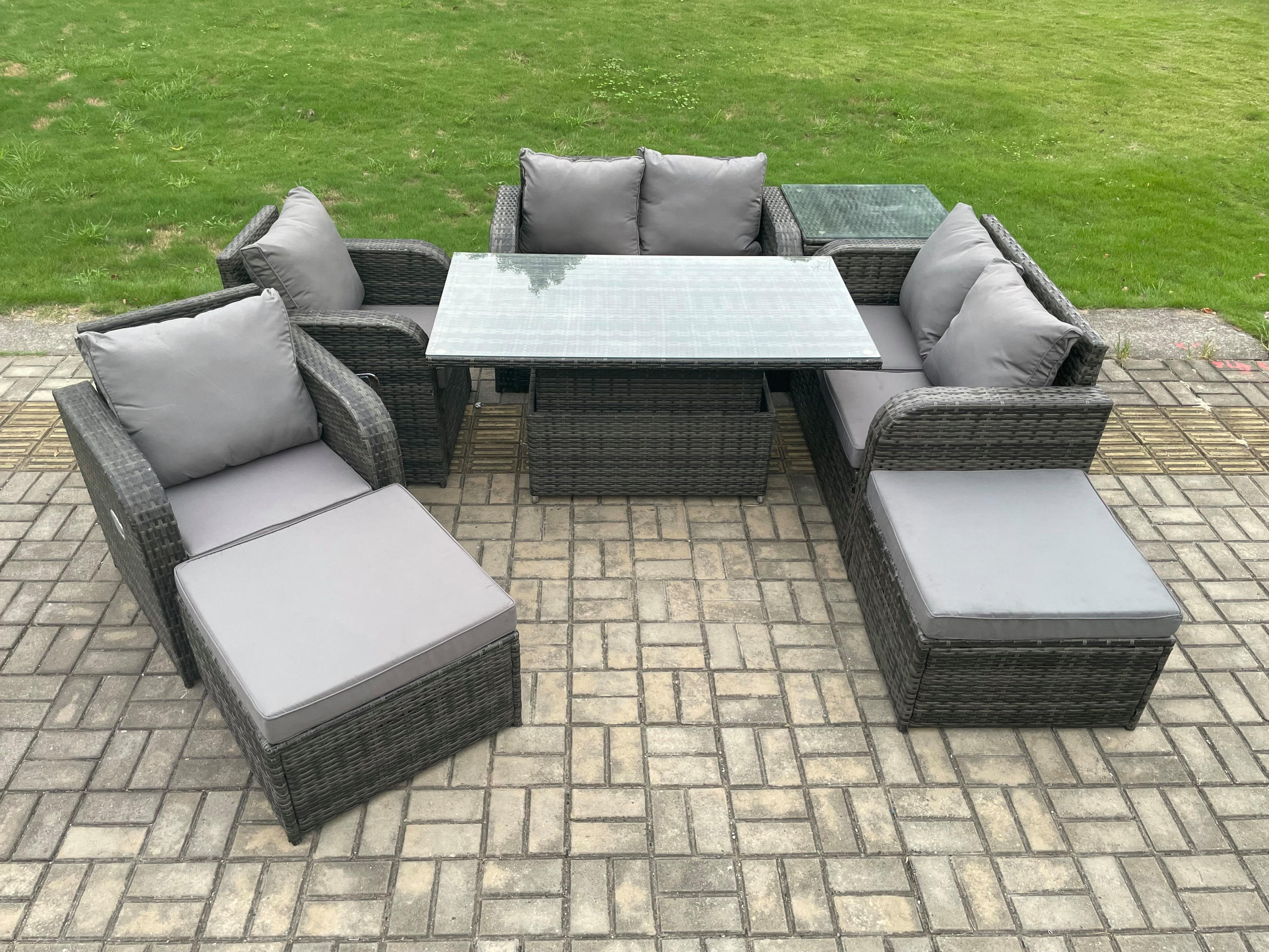 GARTENSOFA SET Polyrattan Dunkelgrau 8-Sitzer - Dunkelgrau/Grau, Metall - Fimous