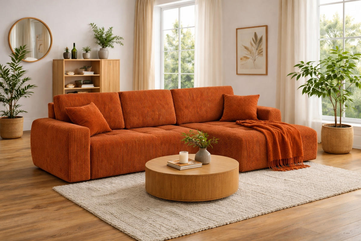 ECKSOFA Mit Schlaffunktion Und Bettkasten L-Form Ivo XL, Cordstoff Poso, Kupfer, Rechts - Orange, Holz (280/142cm) - Kaiser Möbel