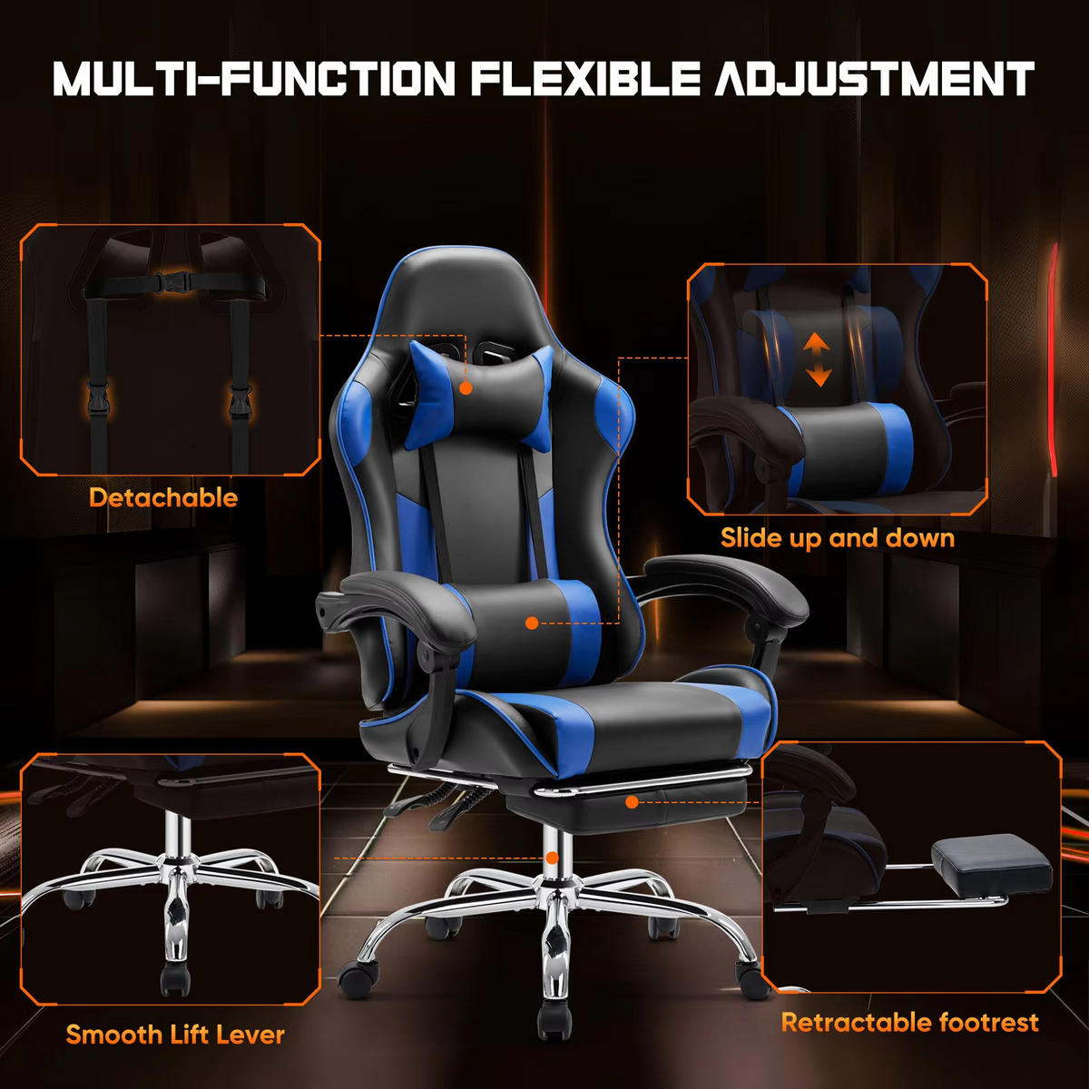 GAMINGSTUHL PU-Leder Ergonomischer Computerstuhl Blau - Blau, Metall (55.55/133/52cm) - Kaket