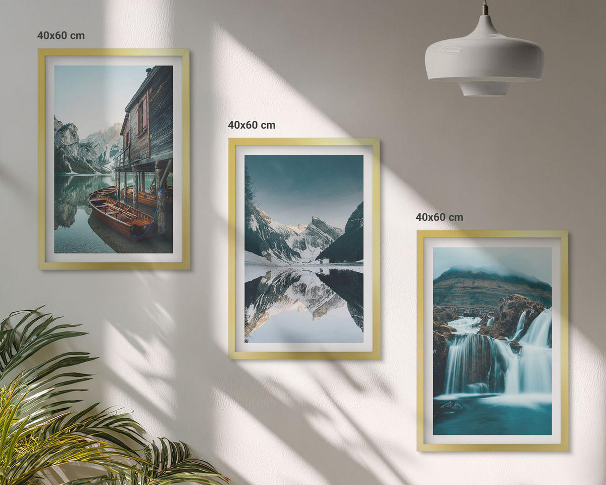 BILDER SET 3er Set - 40x60 cm Goldrahmen - Berglandschaften Wasserfall See - Goldfarben, Kunststoff (40/60cm) - TULUP