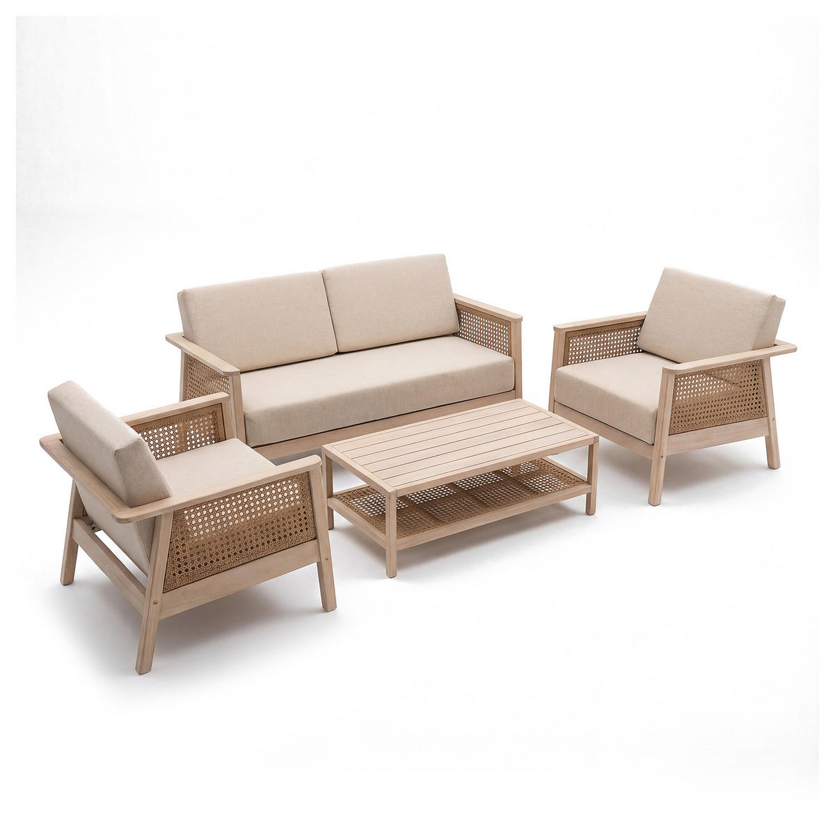 LOUNGESET - 4-teilig - Akazie massiv / Webstoff - Braun / Beige - Beige, Holz/Kunststoff - home24