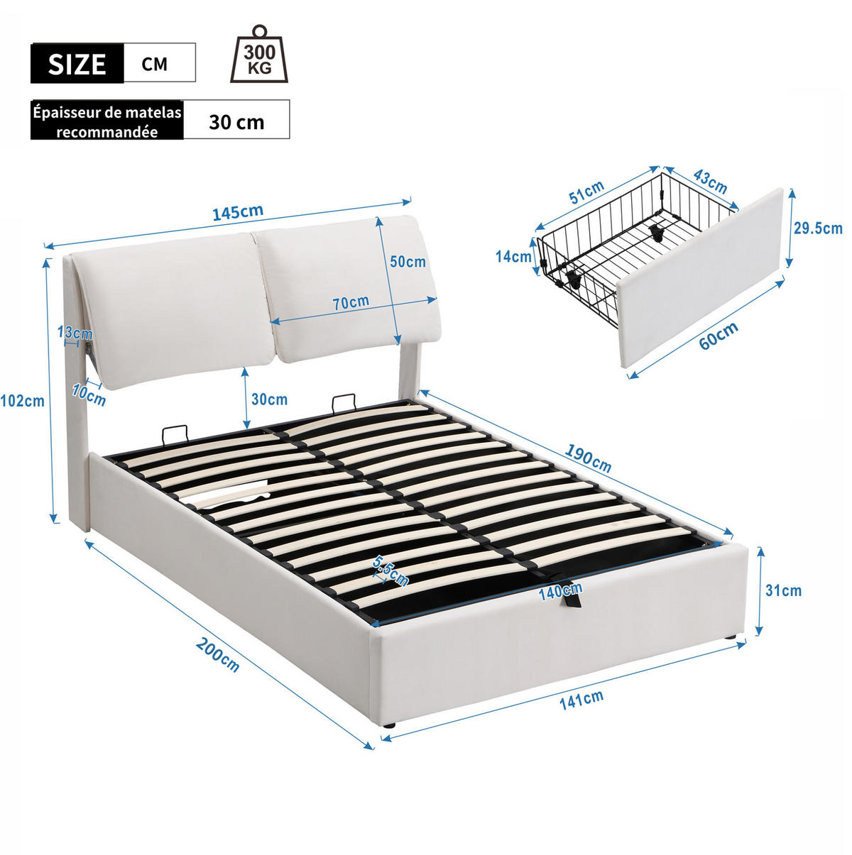 POLSTERBETT 140/190 cm aus Samt mit hydraulischem Stauraum und 3 Schubladen Beige - Beige, Textil (140/190cm) - Modenvie