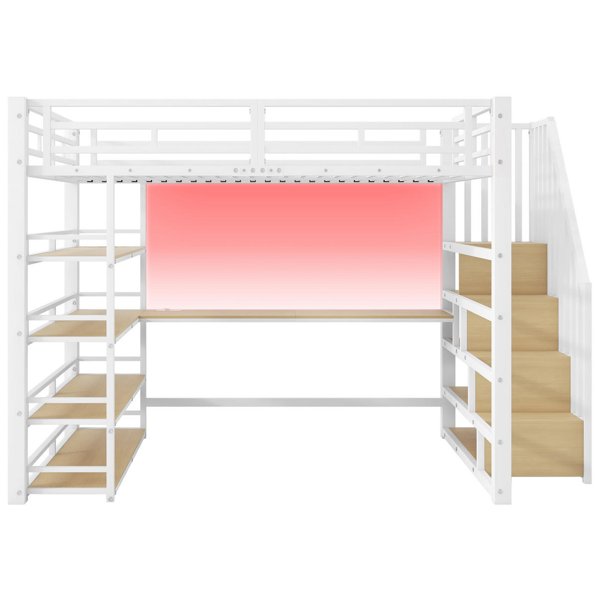 VYSOKÁ posteľ 140/200 cm biela z MDF a kovu s písacím stolom schodmi úložným priestorom USB a LED - biela, kompozitné drevo (140/200cm) - OKWISH