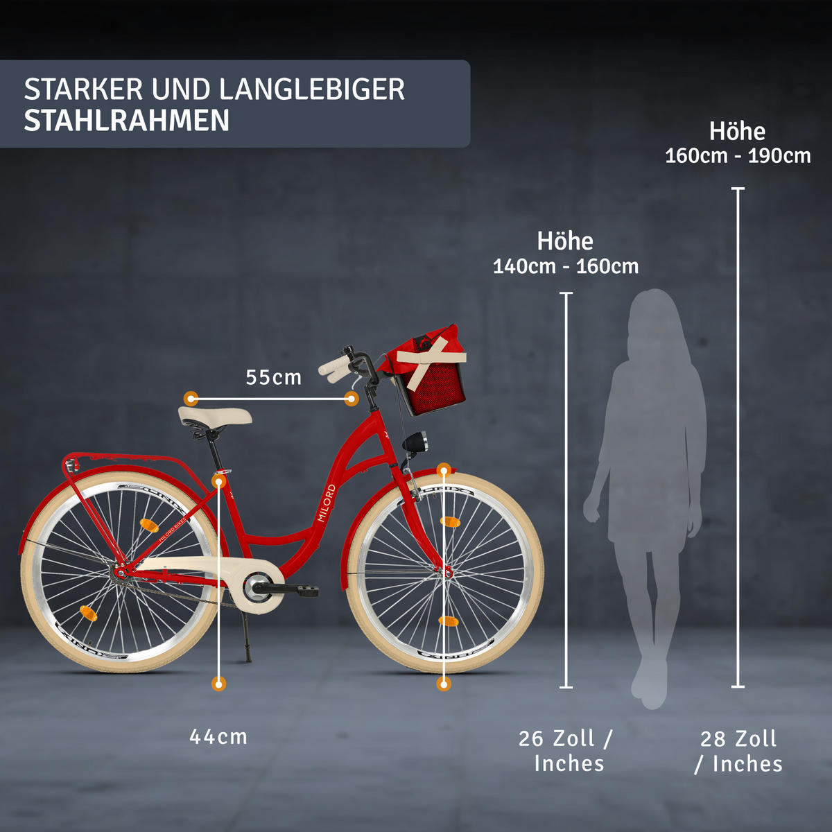 CITY-FAHRRAD Milord mit Metallkorb, 28 Zoll, Rot, 1-Gang - Rot, Metall (46cm) - Milordbikes