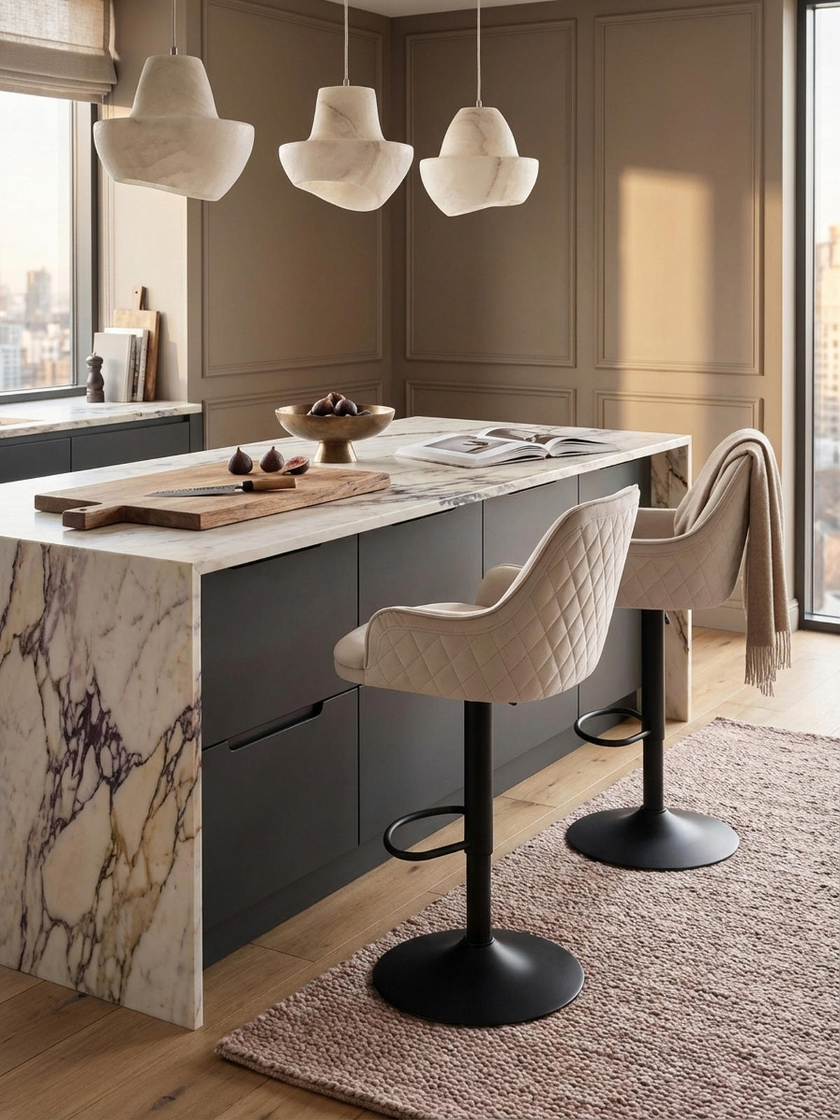 BARHOCKER Samt Lehne Höhenverstellbar Trompetenfuß Armlehne Gepolstert, Beige 45x45x106 cm - Beige/Schwarz, Textil/Metall (45/106/45cm) - KADIMA DESIGN
