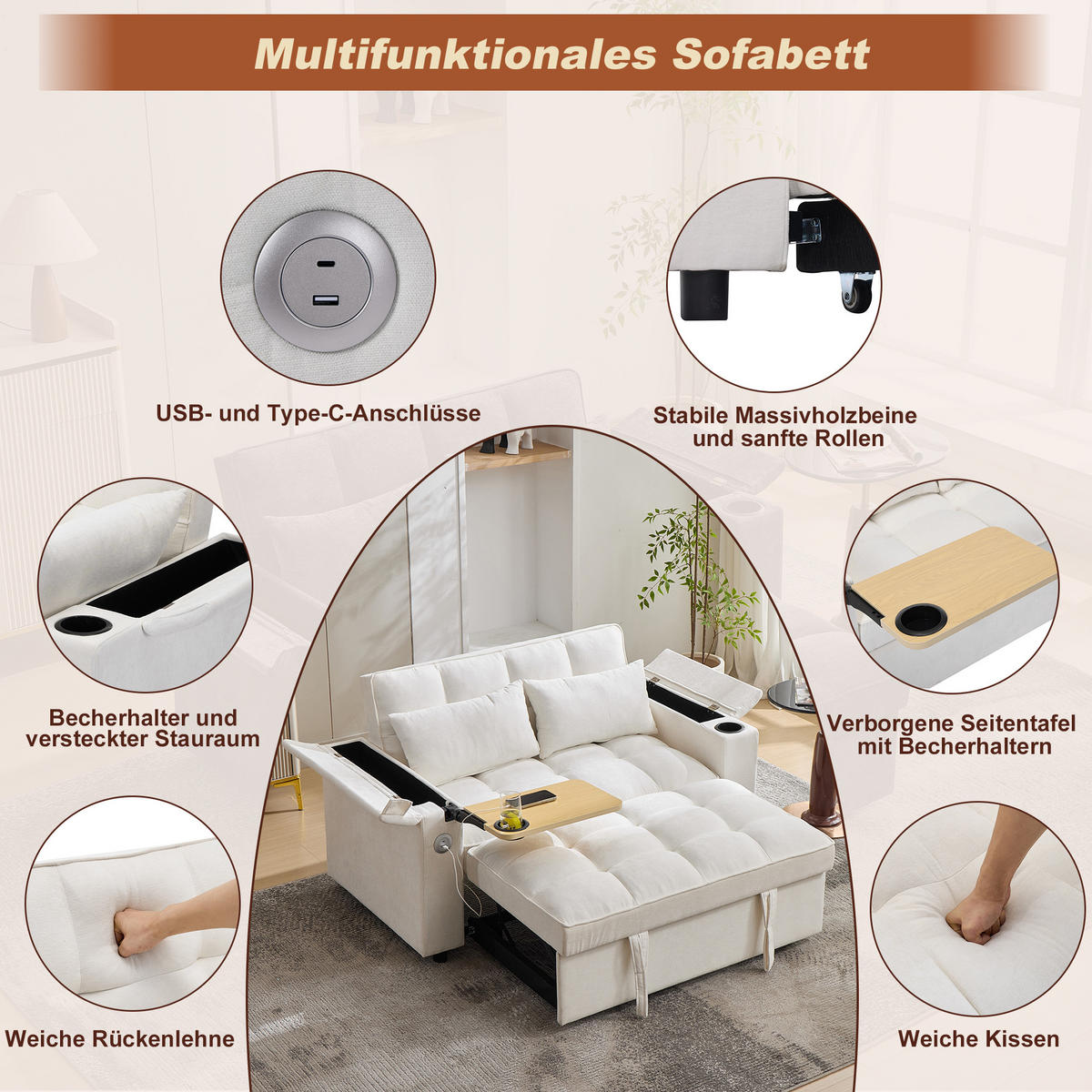 SCHLAFSOFA, Stoff mit USB-Anschluss & verstecktem Tisch, 140,5/74/82 cm, Beige - Beige, Textil (140.5/82/74cm) - Redom