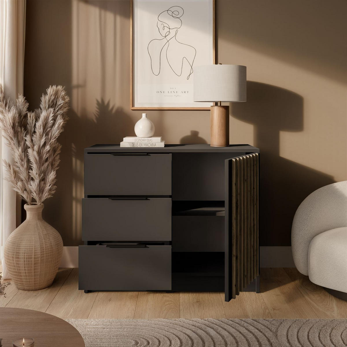 KOMMODE NELA mit Lamellen, Graphit/Artisan - Graphitfarben, Holzwerkstoff (105/86/45cm) - Lookway