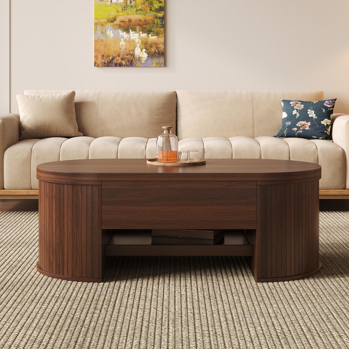 COUCHTISCH Anhebbar Walnussoptik Gebogene Holzseiten Ausziehbares Regal - Braun, Holz (125.1/60.96/14.61cm) - FLIEKS