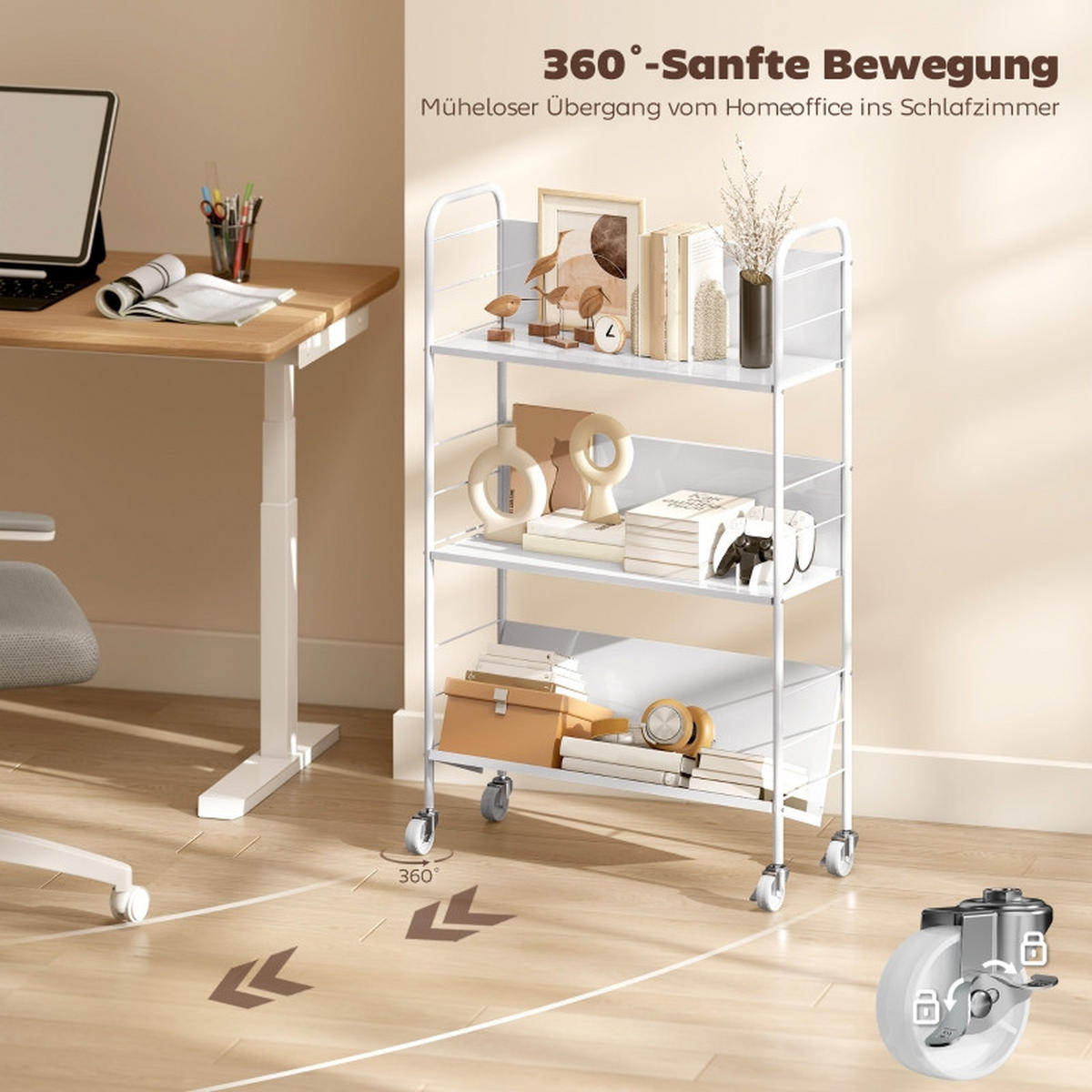 BÜCHERREGAL 69/26/108 cm, 3 Ebenen, aus Metall, mit Rollen, Weiß - Weiß, Metall (69/108/26cm) - BEAOK