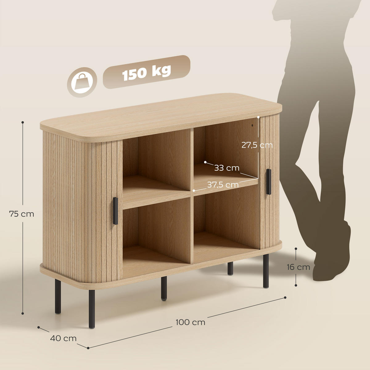 SIDEBOARD DE-11306 2 Schiebetüren Eiche/Schwarz - Eichefarben, Holzwerkstoff (100/75/40cm) - ComfortXL