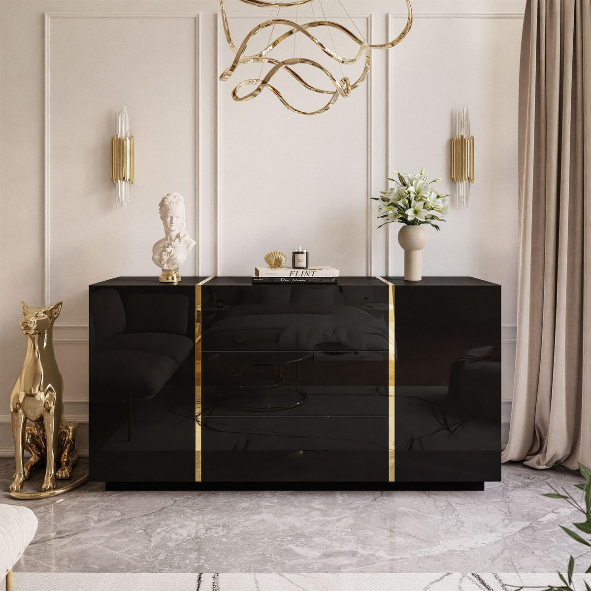 SIDEBOARD MIT SCHUBLADEN ONYX HOCHGLANZ 158 CM PUSH OPEN - Schwarz, Holzwerkstoff (158/81/41.3cm) - Lookway
