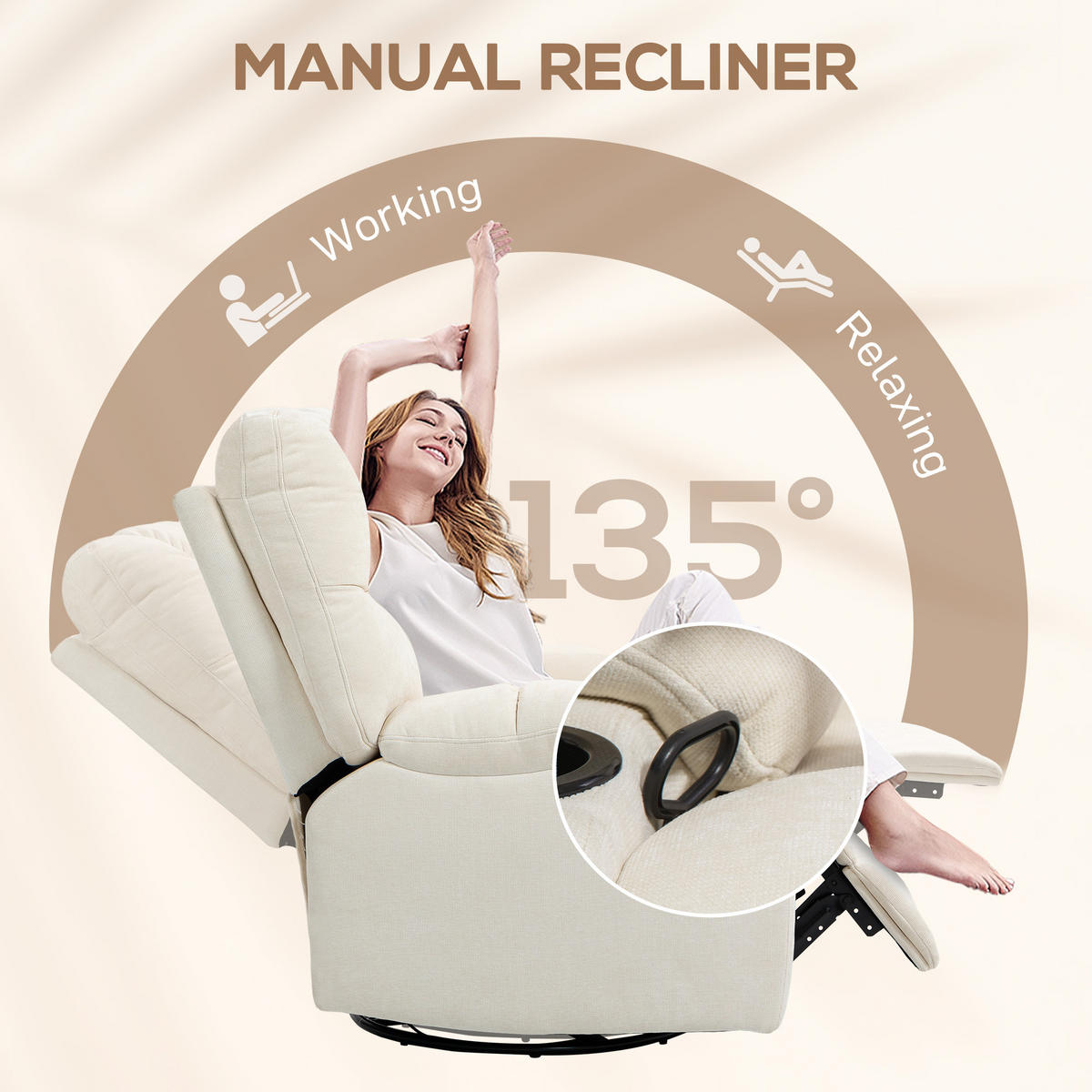 RELAXFÅTÖLJ Vridbar reclinerfåtölj med liggfunktion och gungfunktion, beige - Beige/Svart, Textil/Metall (96/108/88cm) - HOMCOM