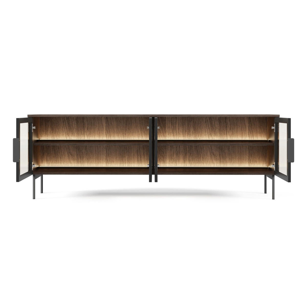 TV stolík Lumi so sklenenými čelami dub Dunin 181/61/39 cm - čierna/tmavohnedá, kov/kompozitné drevo (181.3/39.3/39.3cm) - Selsey