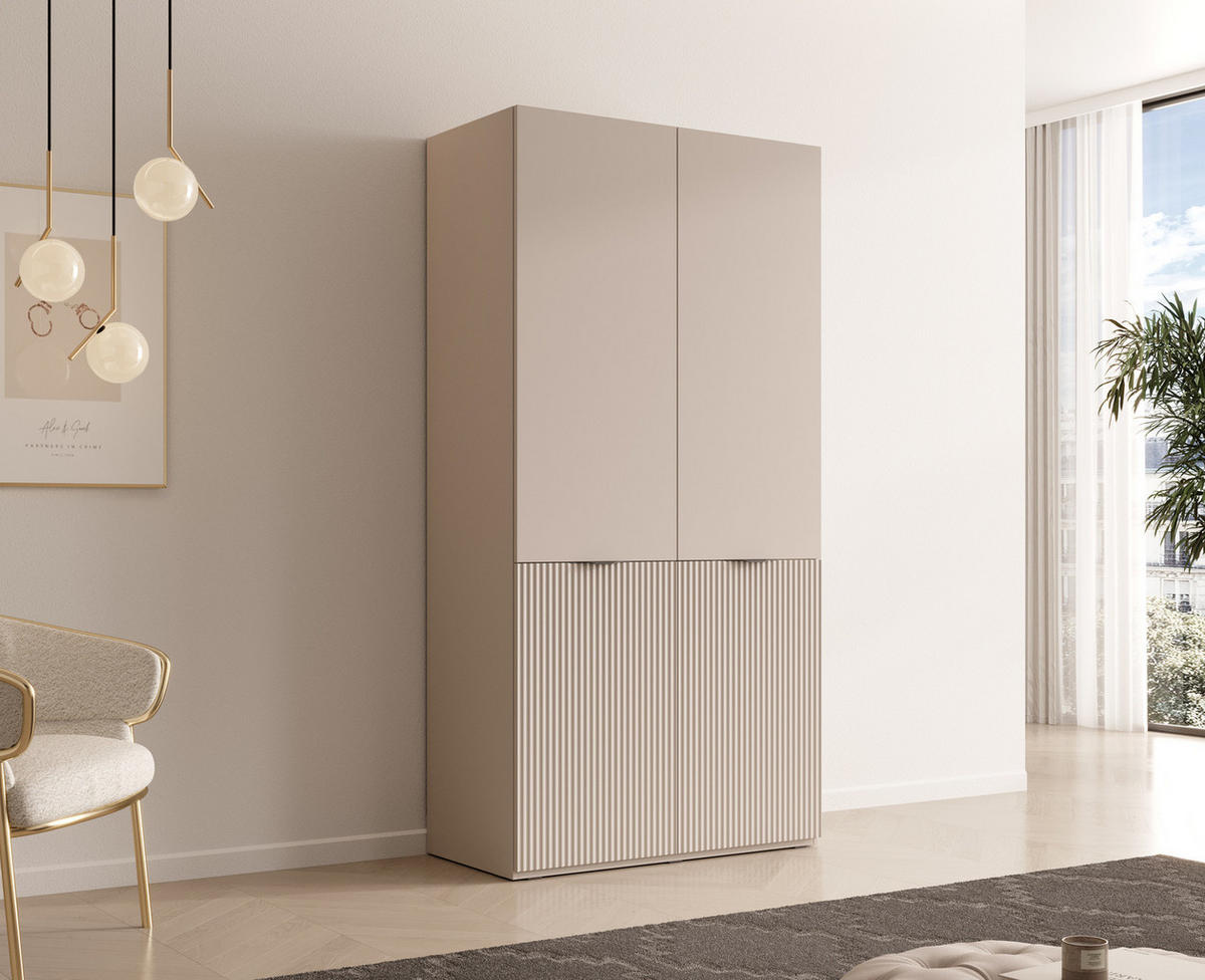 KLEIDERSCHRANK ZEN (Modular, Cashmere Matt, Rillenfront, 2-türig) - Kaschmir/Schwarz, Holz/Holzwerkstoff (101/200/51cm) - Ravio