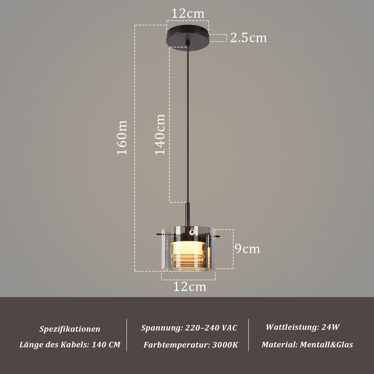 PENDELLEUCHTE Azaryn 12/12/160 cm - Schwarz, Glas/Metall (12/12/160cm) - ZMH