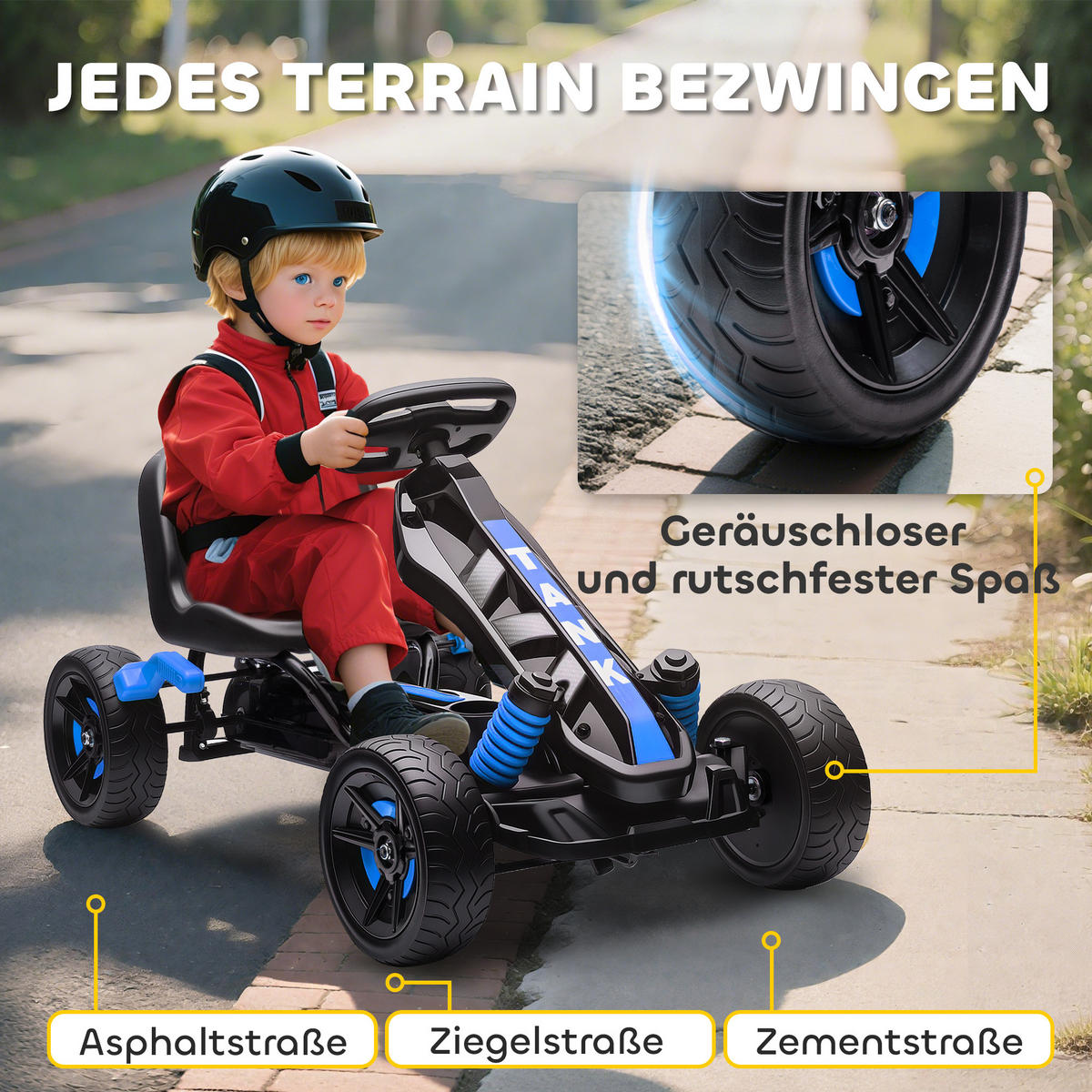 GOKART-TRETAUTO Tretauto mit Handbremse, Automatisches Kupplungssystem, EVA-Räder - Blau, Metall (100/59/60.5cm) - AIYAPLAY