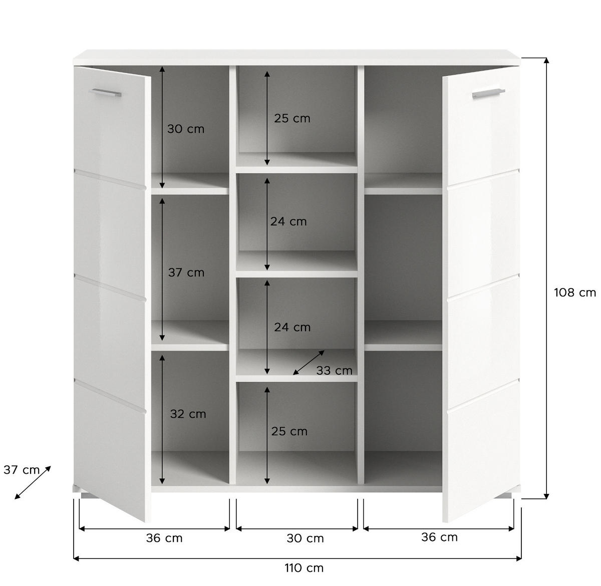 KOMMODE weiß Hochglanz 110 cm, Schuhkommode mit 10 Fächern - Weiß Hochglanz/Silberfarben, Holzwerkstoff/Kunststoff (110/107/37cm) - Inn.Furn
