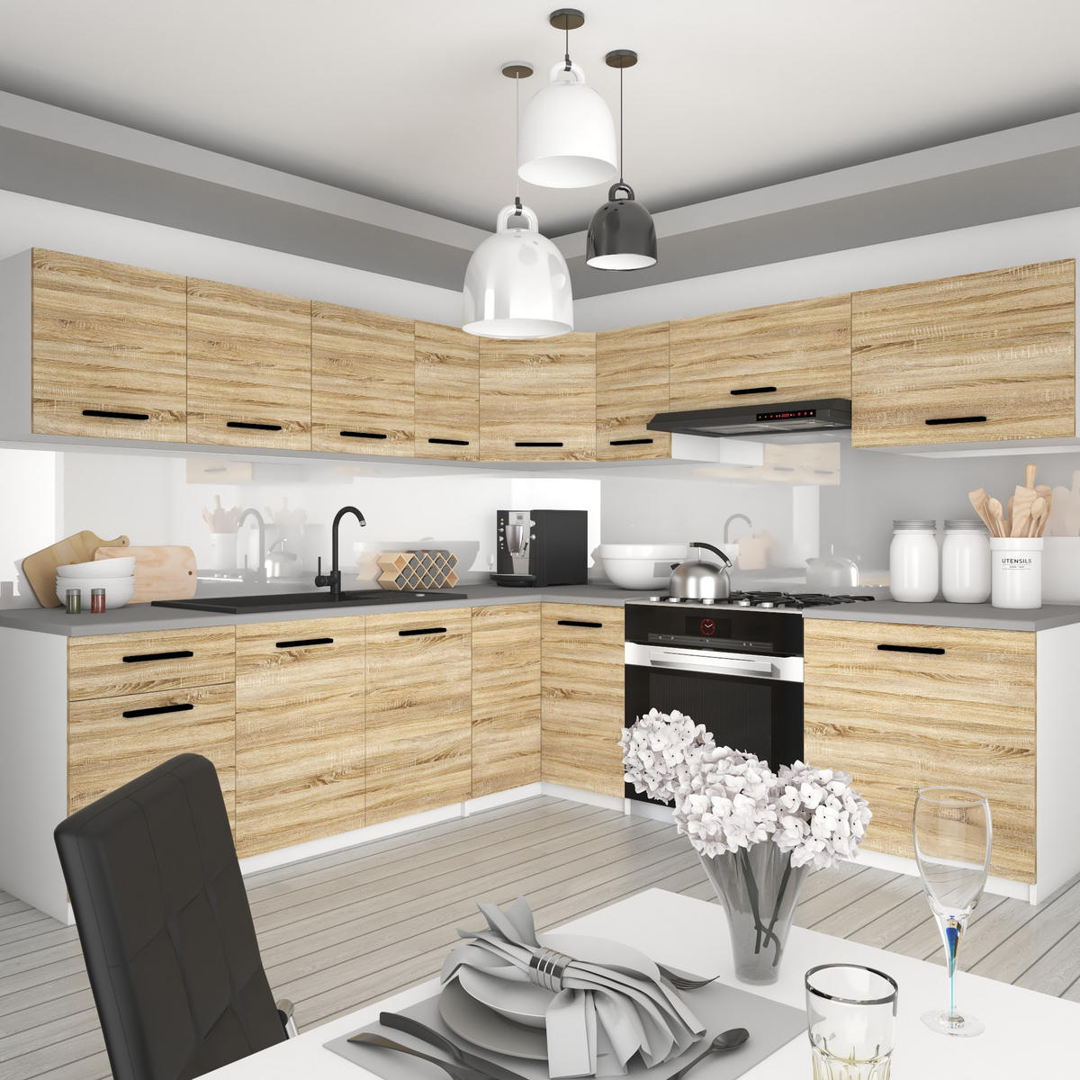 KÜCHENZEILE Italia 7 420 cm , mit Arbeitsplatten, Sonoma Eiche - Sonoma Eiche, Holz (420/143/60cm) - B BELINI GROUP