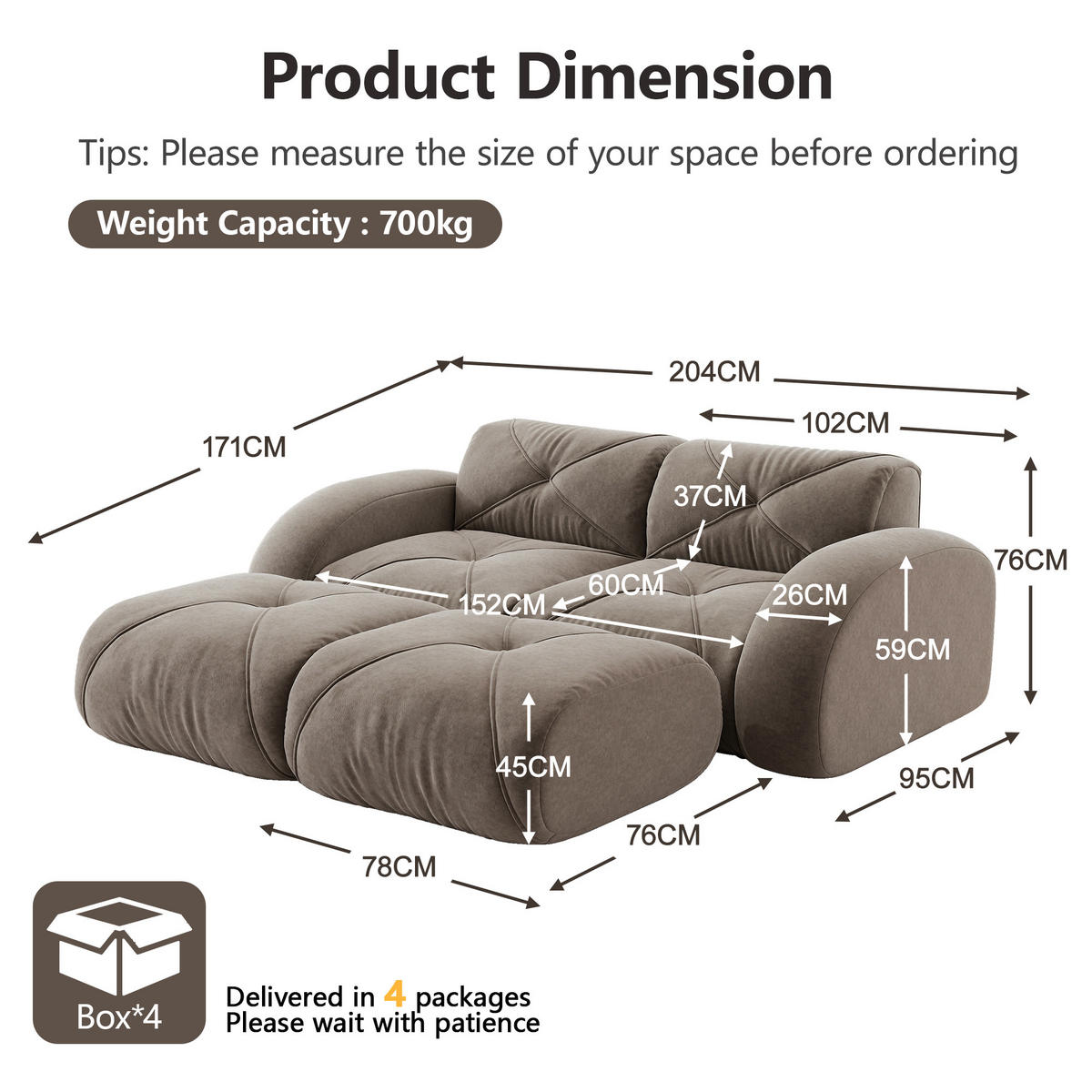 2-SITZER SOFA Chenille Taupe rahmenlos mit 32D-Schaum - Braun, Textil (204/76/171cm) - WISHDOR