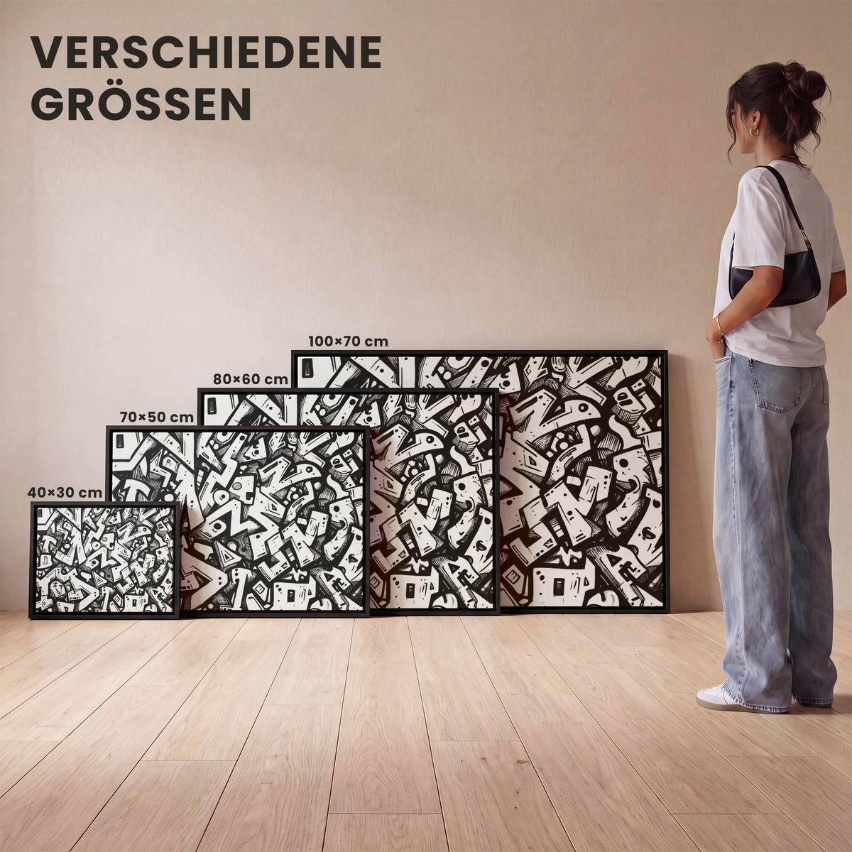 LEINWAND Bilder mit Rahmen - Formen - Buchstaben - Graffiti - Schwarz - 70x50 - Schwarz, Textil (70/50cm) - MuchoWow