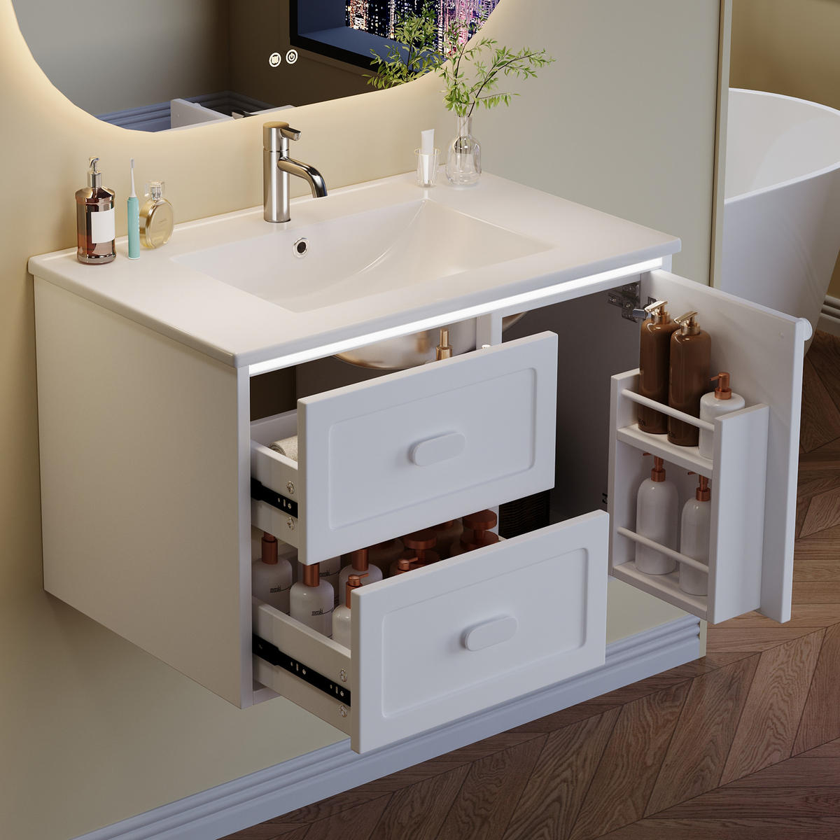 BADEZIMMER-HÄNGESCHRANK 76×46×51 cm, weiß, lackiert, mit LED-Radarsensor-Beleuchtung, 2 Schubladen, leisen Gleitschienen und integriertem Waschbecken - Weiß, Holzwerkstoff (46/51/76cm) - Ej. Life