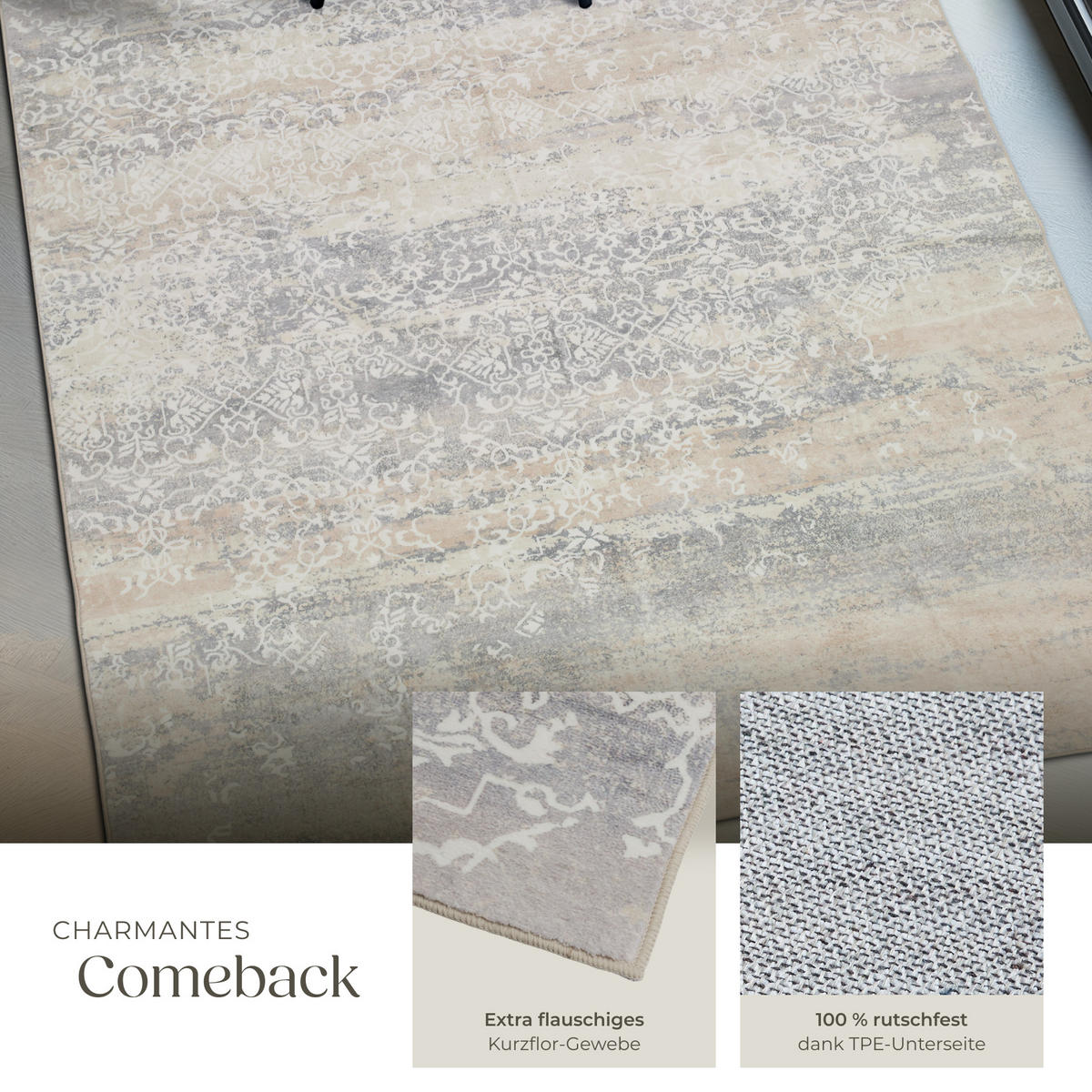 TEPPICH Vintage Design Dalia,rutschfeste Unterfläche,beige - Beige, Kunststoff (200/274cm) - tectake