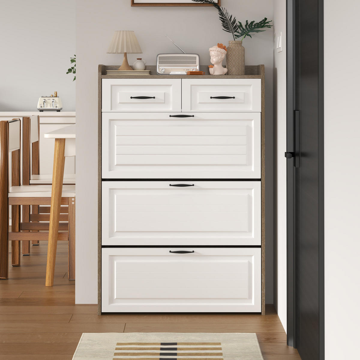 SCHUHKOMMODE mit 3 Klappen und 2 Schubladen, Spanplatte, 80/23,5/131 cm, Weiß/Natur - Naturfarben, Holzwerkstoff (23.5/131/80cm) - Redom