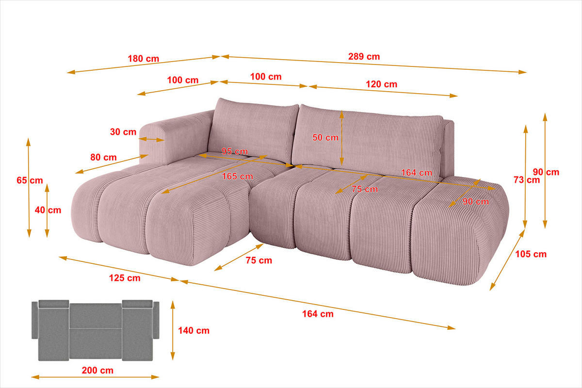 ECKSOFA Ottomane Links CLOUD-L 289x180x40 Rosa Cord - Rosa, Holzwerkstoff/Kunststoff (180/289cm) - ALTDECOR