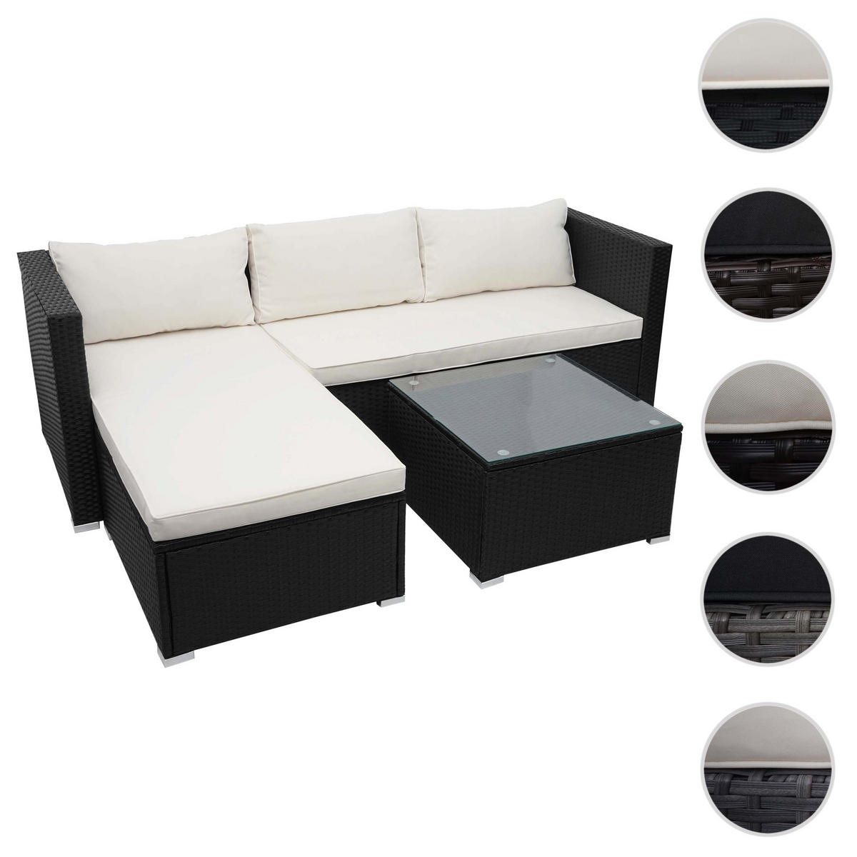 POLY-RATTAN GARNITUR Schwarz, Cremeweiß - Schwarz/Weiß, Kunststoff - MCW