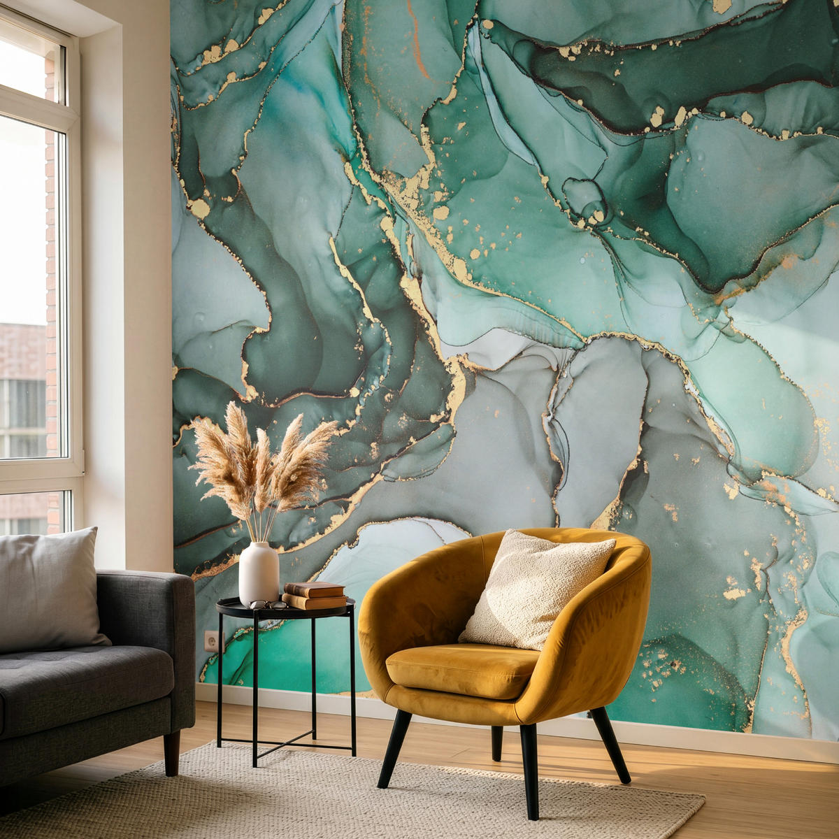 TAPETE - Gold - Marmor - Grün - Luxus - Marmoroptik - Grau - 220x240 cm - Grün, Papier (220/240cm) - OnlyWow