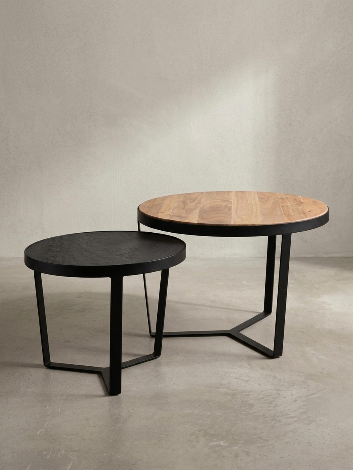 COUCHTISCH Set rund – Akazie Massivholz, Steinoptik, Metallgestell, Braun-Anthrazit - Schwarz, Holz/Metall (60/60/40cm) - KADIMA DESIGN