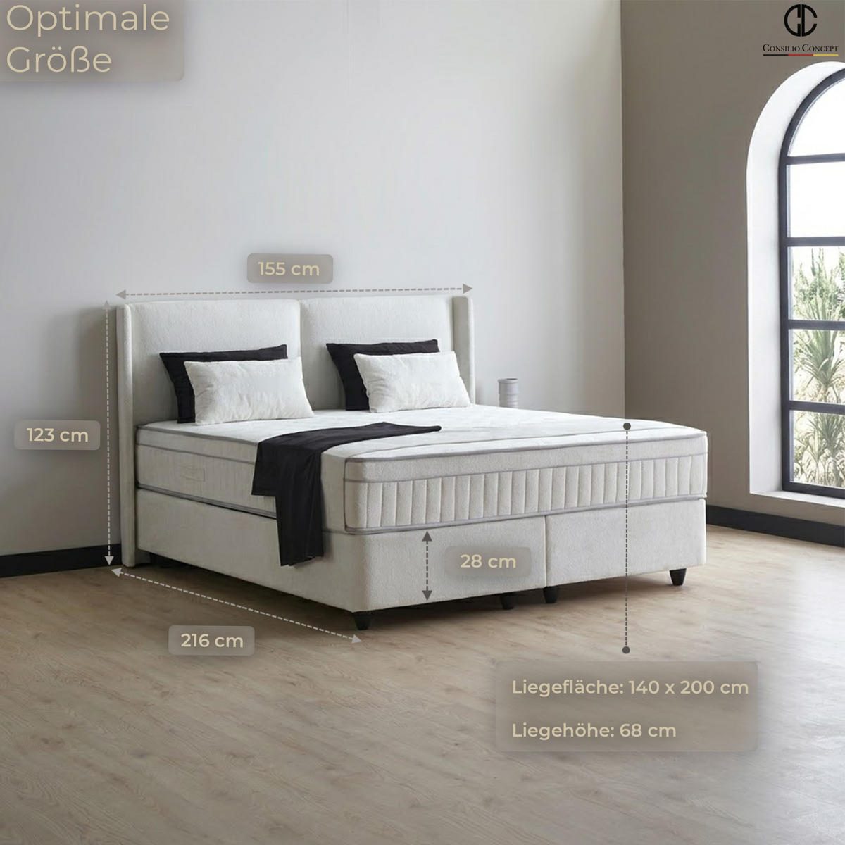BOXSPRINGBETT MIT BETTKASTEN PISA 140/200 cm, Greige, Bettkasten, Matratze, Topper integriert, H3 mittel - Greige/Schwarz, Holz/Kunststoff (140/200cm) - Consilio Concept