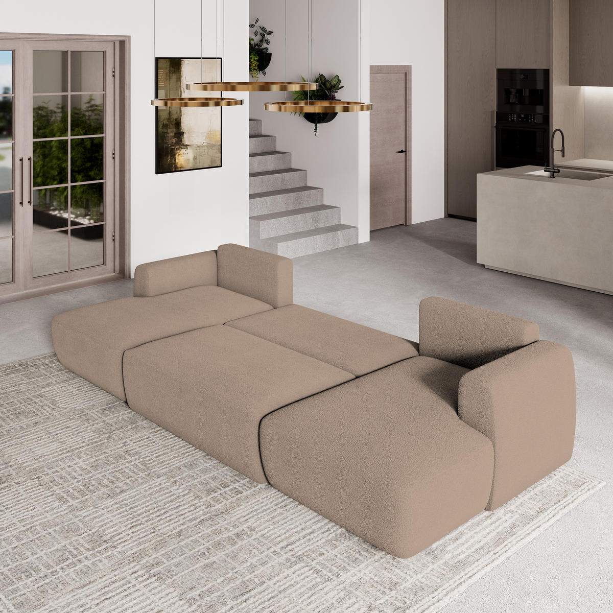 WOHNLANDSCHAFT SENTUM N Beige Boucle-Stoff mit Schlaffunktion - Beige, Holz (330/90/148cm) - MASSENO