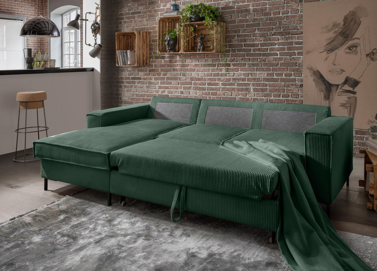 ECKSOFA mit Schlaffunktion, Bettkasten, Wellenunterfederung, Récamiere links B240/T150/H92 cm, Liegefl. 125x198 cm, Cord Grün / 17224 - Schwarz/Grün, Textil/Metall (240/150cm) - luma-home