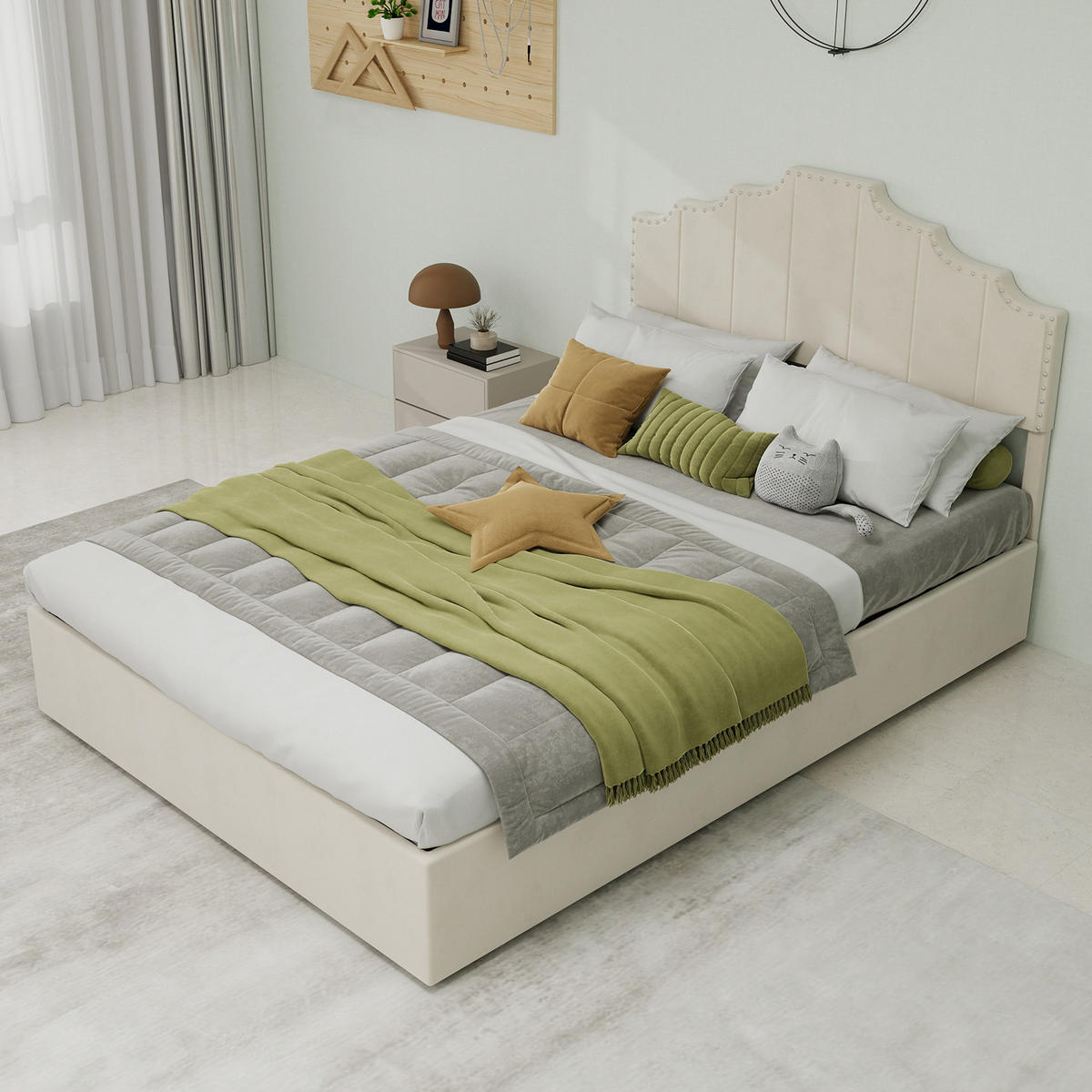 POLSTERBETT 140/200 cm in Beige Stoff mit Geometrischem Kopfteil - Beige, Holzwerkstoff/Textil (140/200cm) - WISHDOR