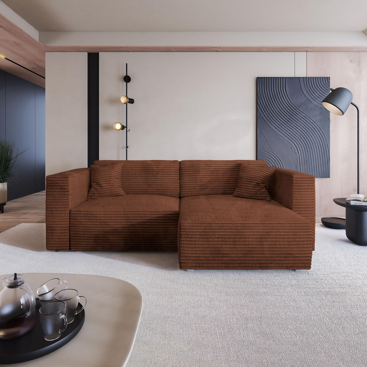 ECKSOFA NERIO Braun Kordstoff mit Schlaffunktion - Braun, Holz (245/148cm) - MASSENO