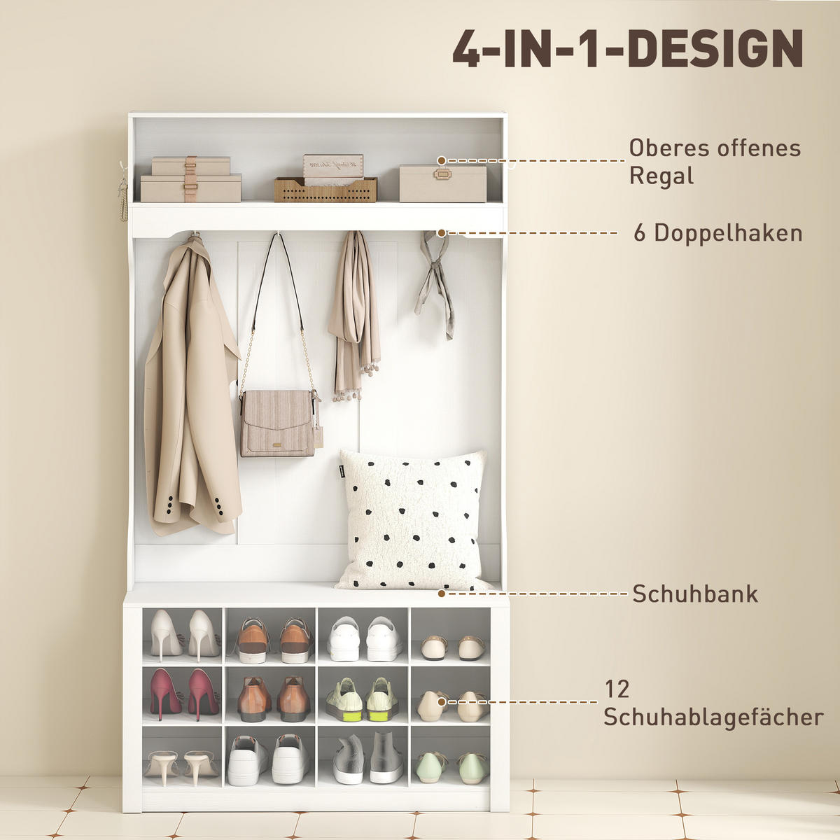 GARDEROBENSTÄNDER mit Sitzbank Kleiderständer mit Schuhregal 6 Haken - Weiß, Holzwerkstoff (35/172.2/100cm) - HOMCOM