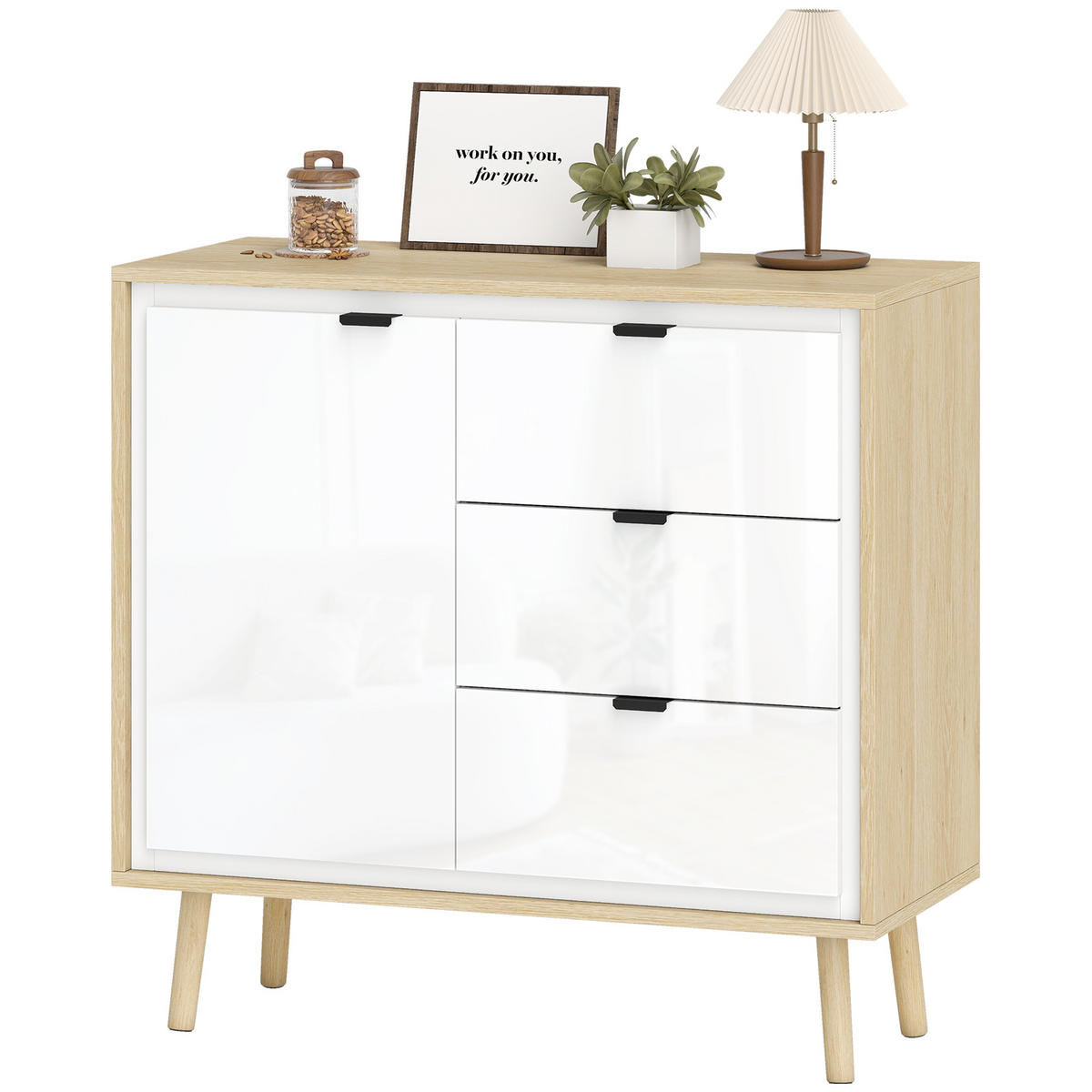 SIDEBOARD Weiß und Eiche-Nachbildung, 2 Türen, 3 Schubladen, 80/35/77 cm - Weiß Hochglanz, Holz (80/77/35cm) - PANGIVO