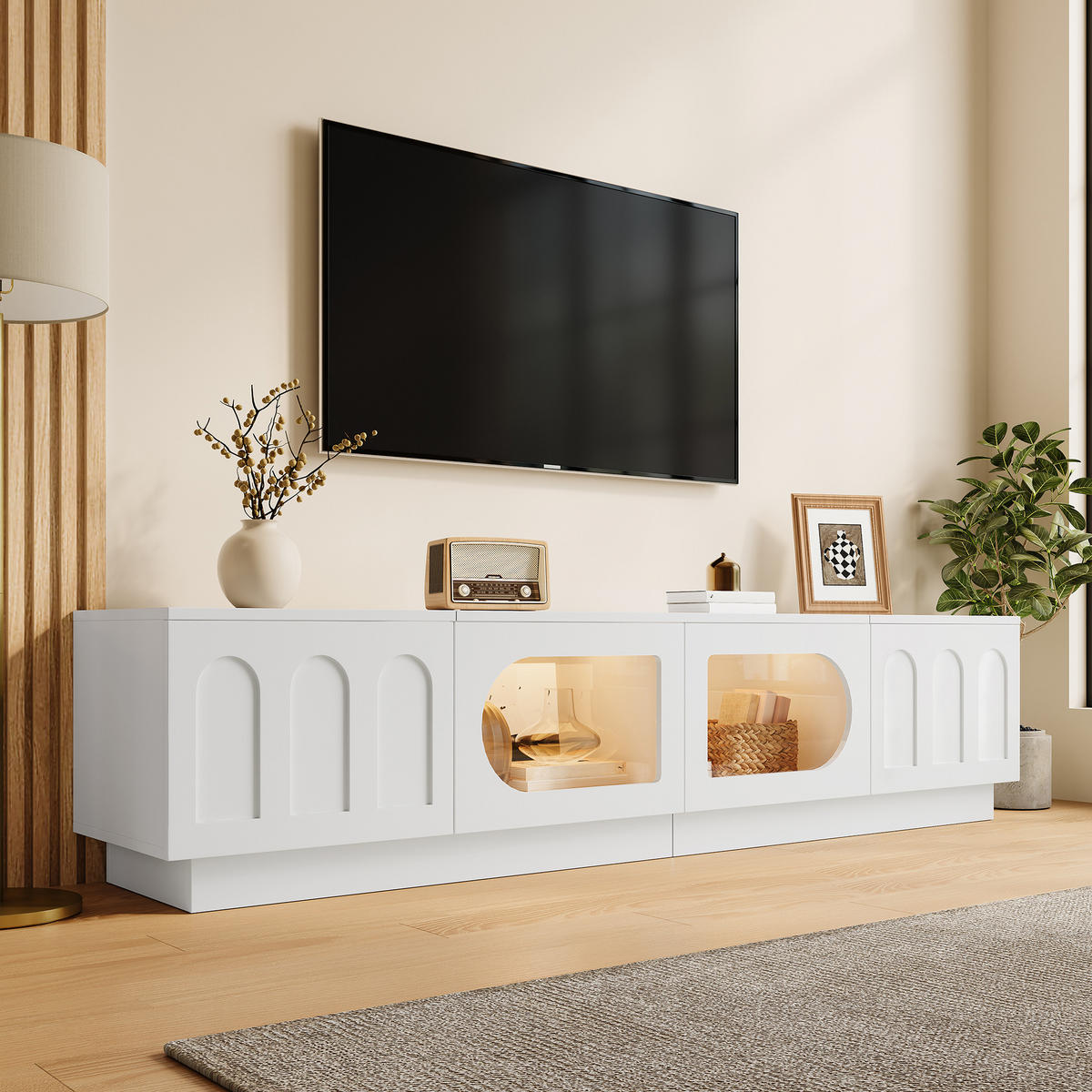 TV-LOWBOARD mit LED, APP-Steuerung, Glastür und Bogentür - Weiß, Holzwerkstoff (200/42/40cm) - FLIEKS