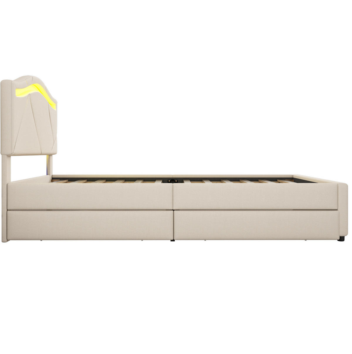 POLSTERBETT aus Leinen und MDF 90x200 cm Beige mit LED-Beleuchtung, 2 Schubladen und verstellbarem Kopfteil - Beige, Textil (90/200cm) - IVMEU