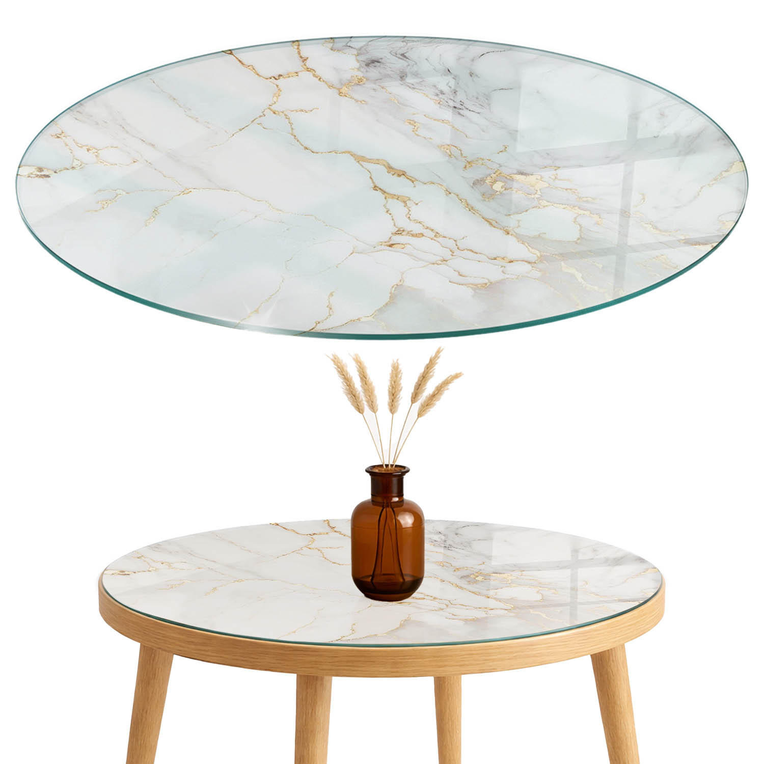 TISCHPLATTE fi70 cm Eleganter Marmor mit Adern - Weiß, Glas (0.4/70/70cm) - TULUP